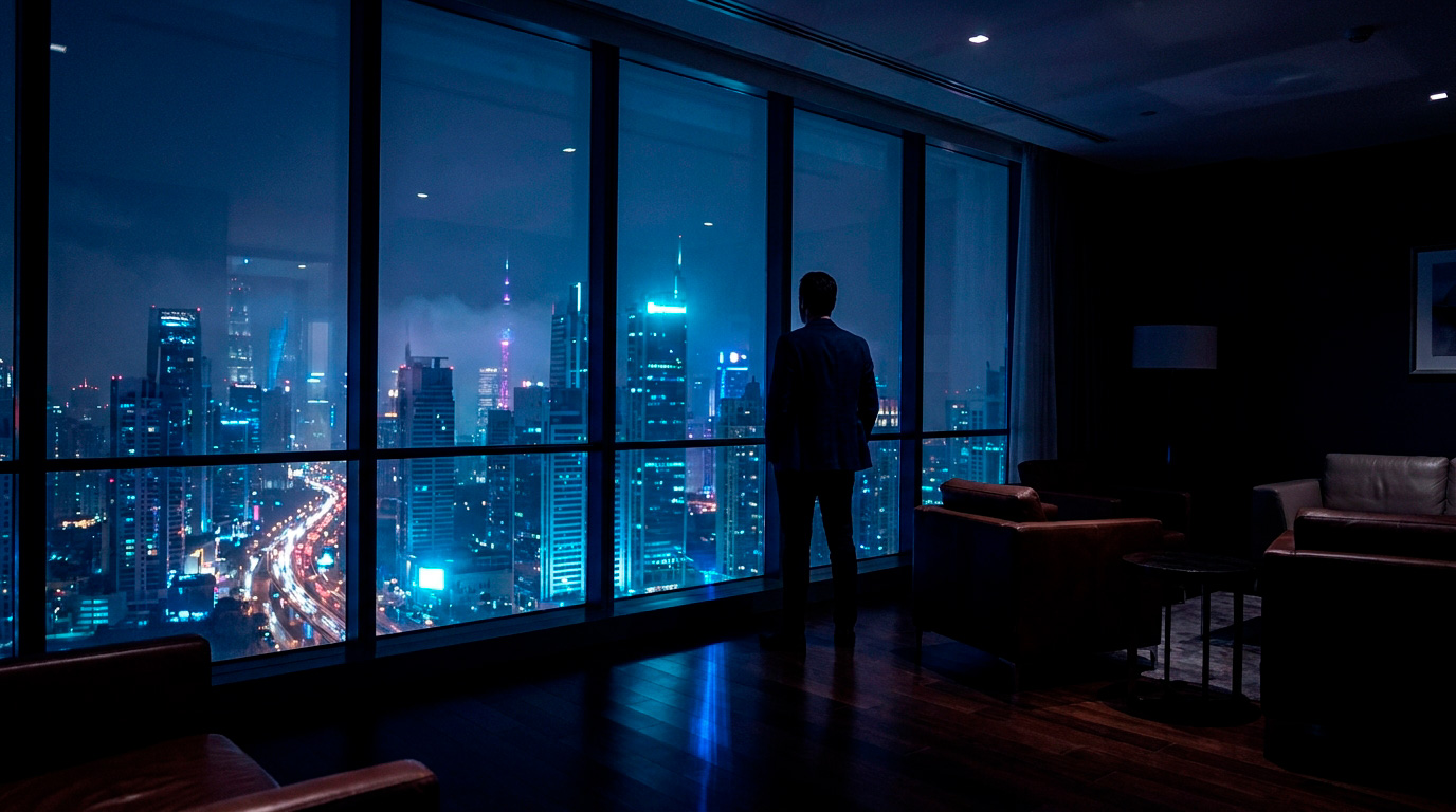 Executivo diante do vidro, contemplando a metrópole à noite